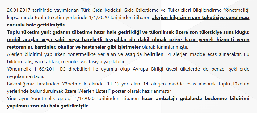 Bakanlığın resmi sayfasındaki 14 maddelik alerjen listesi