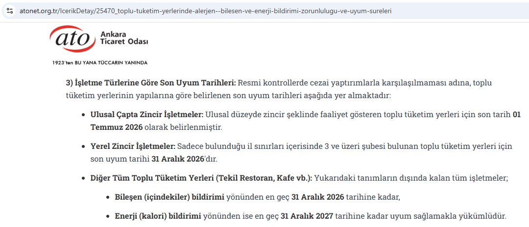 Menüde kalori bilgisi zorunluluğu — resmi kaynak